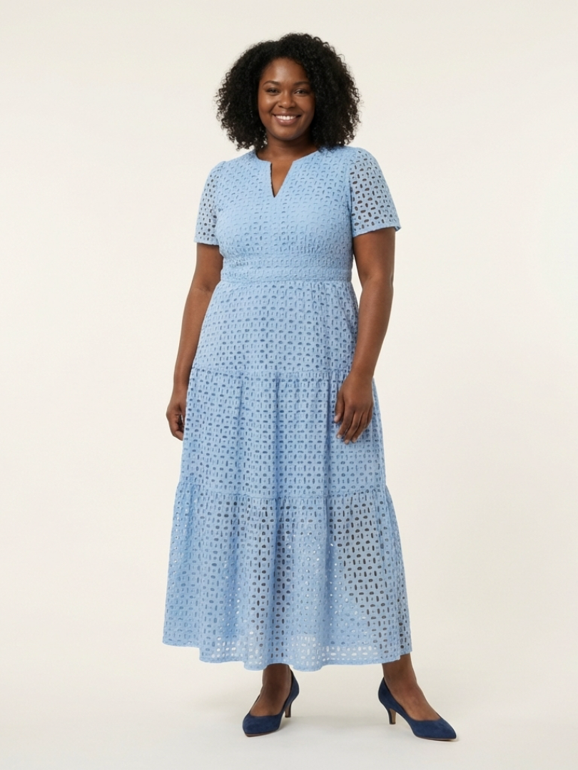 Brielle | Midi-jurk met V-hals en korte mouwen met ruches