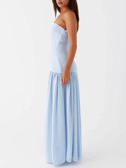 Exquise Rugloze Plissé Strapless Maxi Jurk