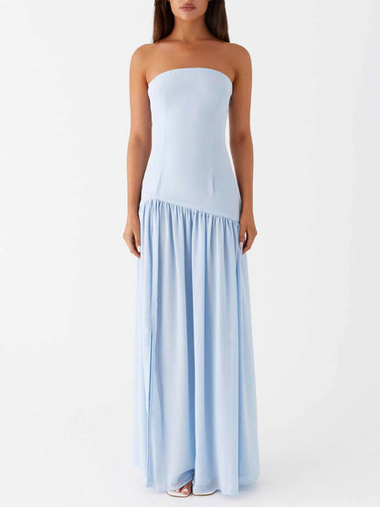 Exquise Rugloze Plissé Strapless Maxi Jurk