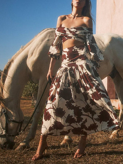 Geprinte Off-shoulder Top En Rok Set