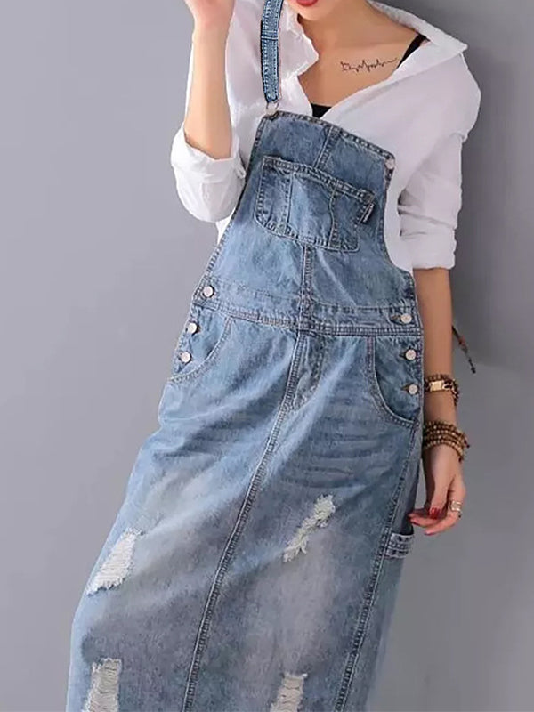 Frayla™ – Versleten Jeansjurk met Split Achter