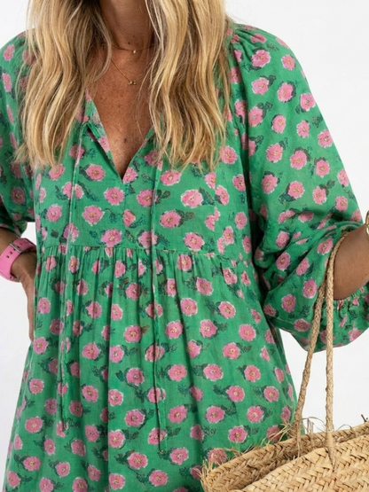 Fiora | Bloemenprint V-hals Lagen Midi Jurk