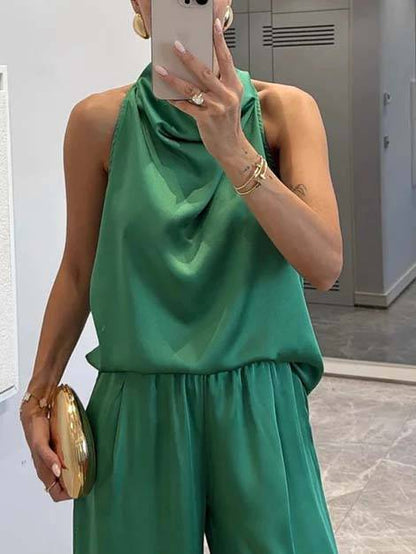 Elegante Halter Nek Swing Kraag Top En Brede Pantalon Set-Top