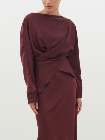 Elegante Asymmetrische Satijnen Blouse met Lange Mouwen
