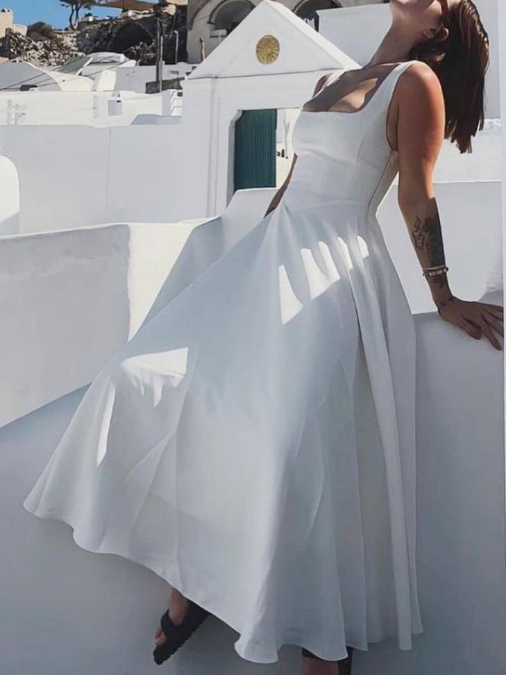 Elegante Sling Vierkante Hals Grote Swing Midi Jurk