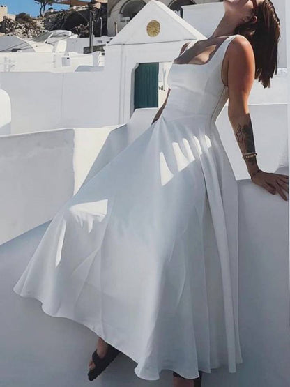 Elegante Sling Vierkante Hals Grote Swing Midi Jurk