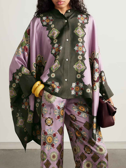 Retro Fijn Satijnen Bloemenprint Cape Shirt