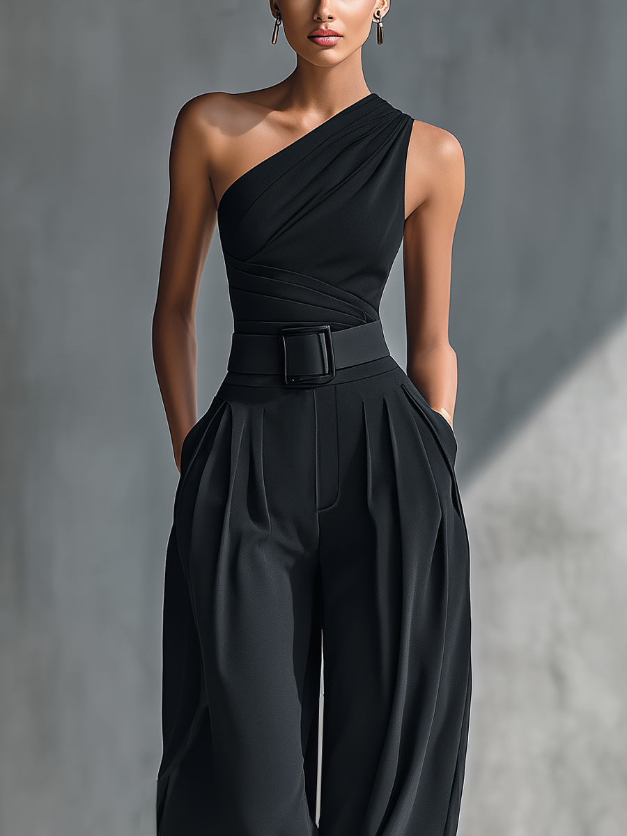 Dames Zwarte Hoog-elastische Gebreide Top en Acetaat Wijde Broek MDZ1068B3T