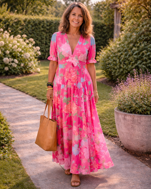 Ione | Korte mouwloze V-hals bloemen midi-jurk