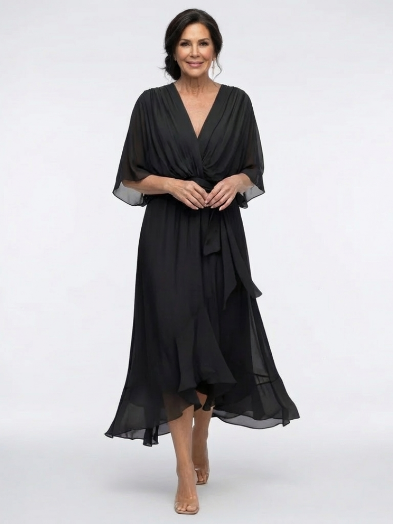 Elysia | Midi jurk met draping, V-hals en tailleband