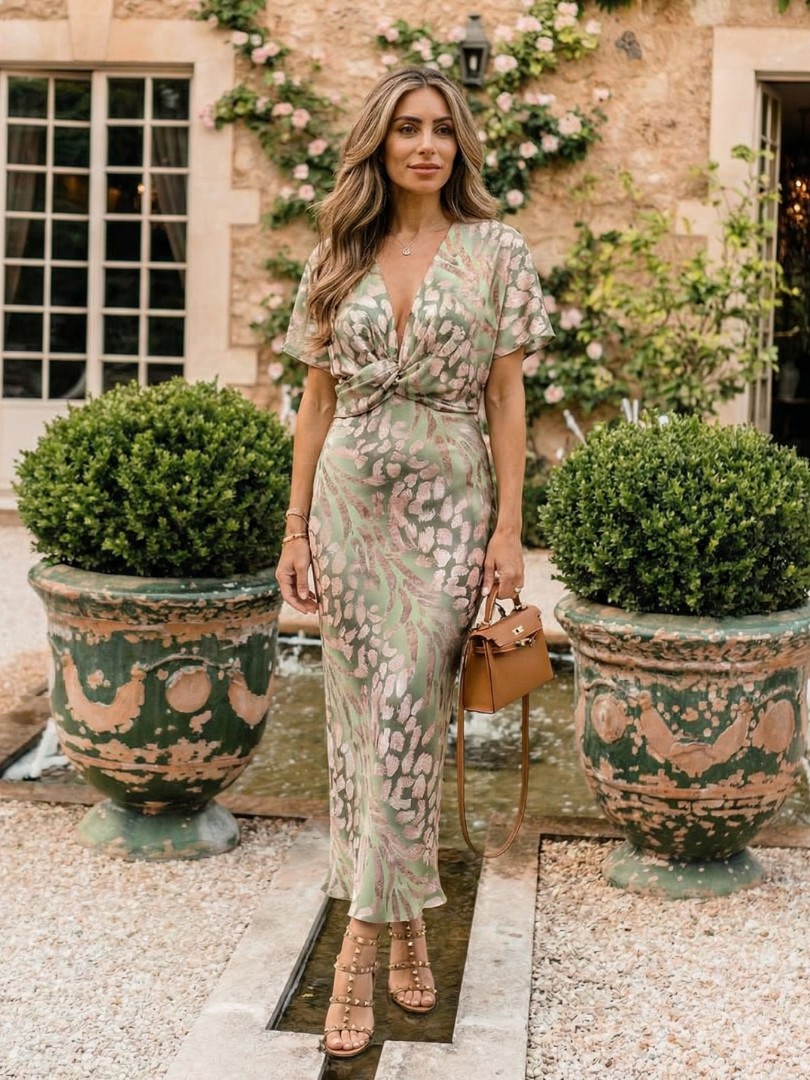 Coralie | Abstracte Print V-hals Wikkel Taille Midi Jurk