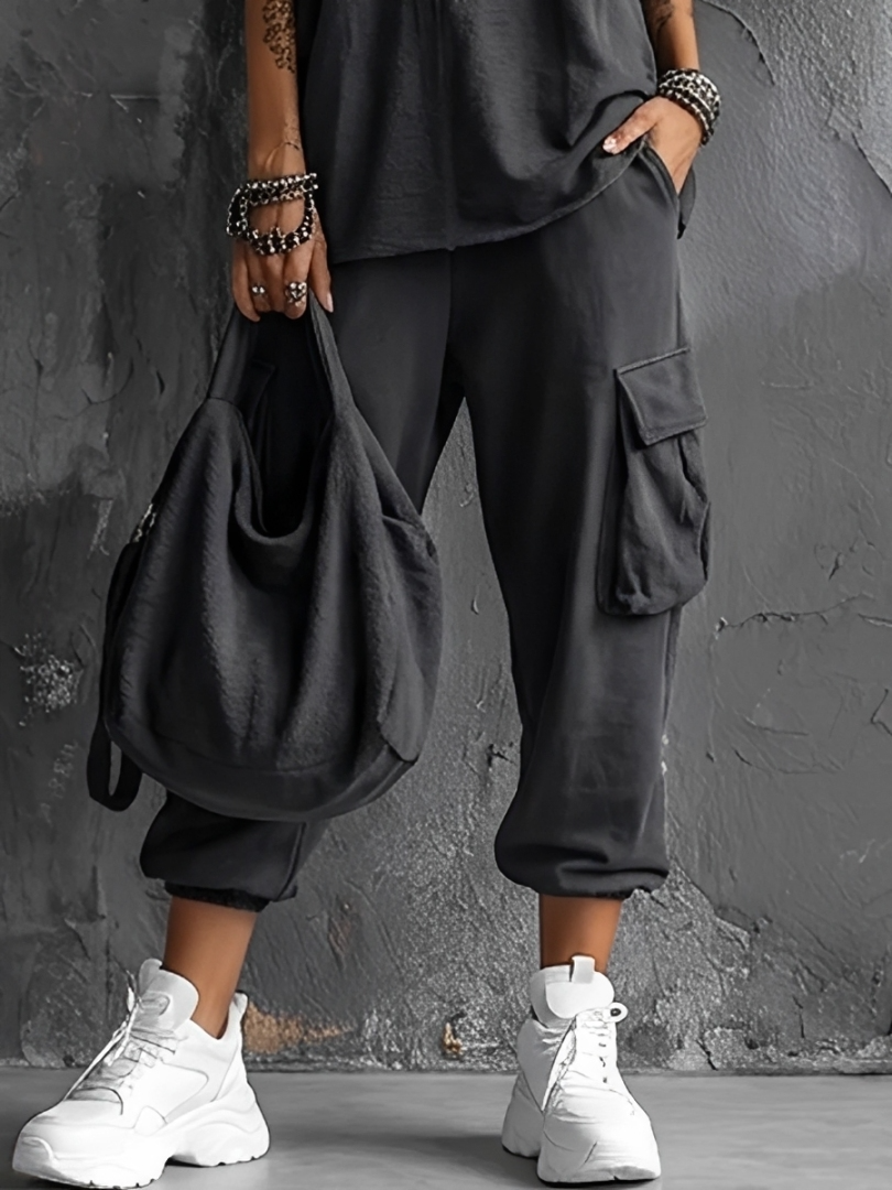 Dames Casual Stijl Donkergrijze Katoenmix Mouwloze Top + Jogger Cargo Broek Set MDZ2365D7GMJ