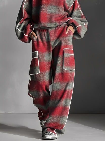 Dames Rood En Grijs Geruit Geborsteld Versleten Street Style Kleur Geblokte Piping Jumpsuit Set MDA1065K4I