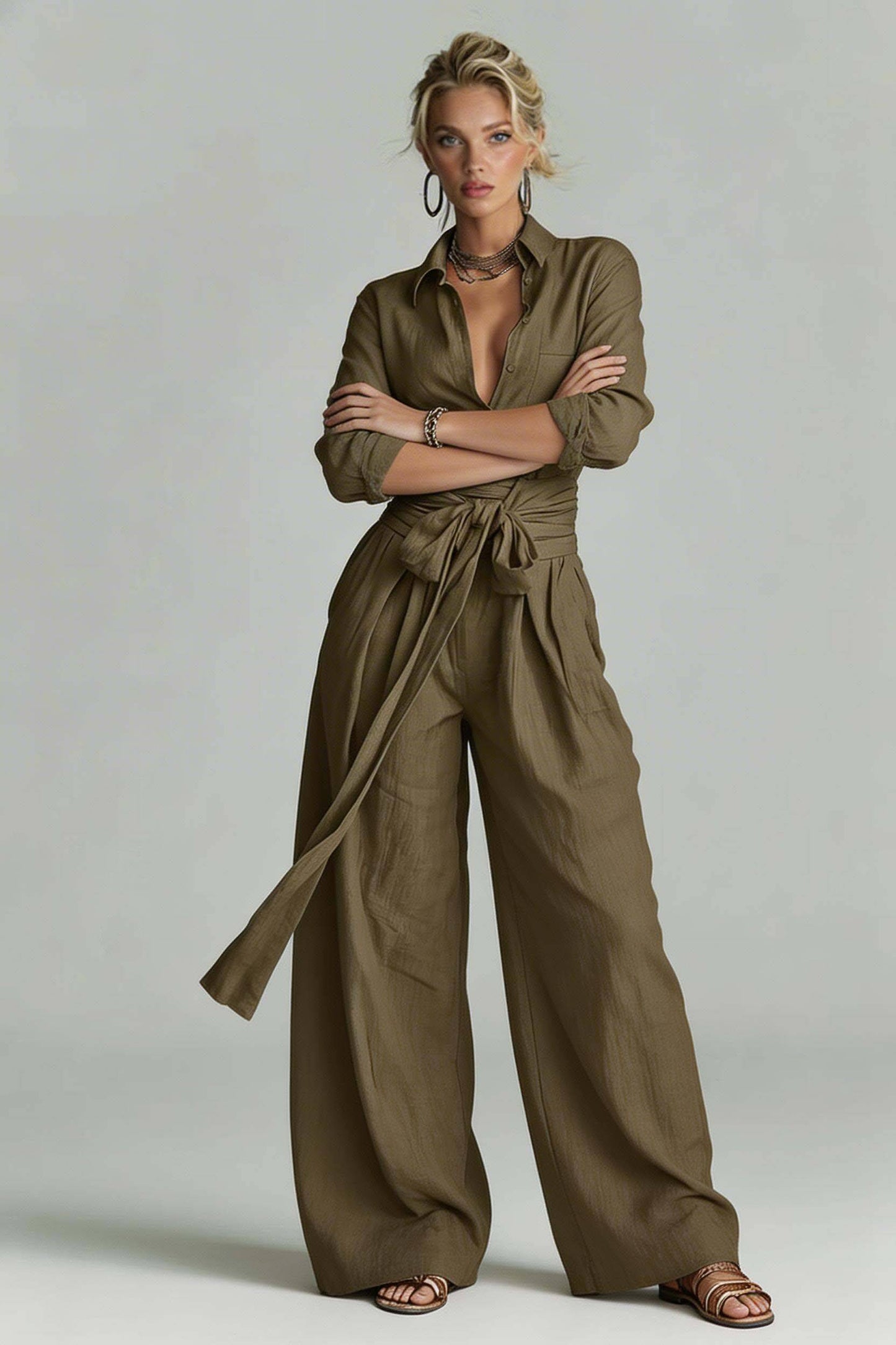 Minimalistische Shirt En Vetersluiting Wijde Broek Set