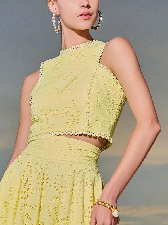 Exquise Mouwloze Geborduurde Hollow Lace Top