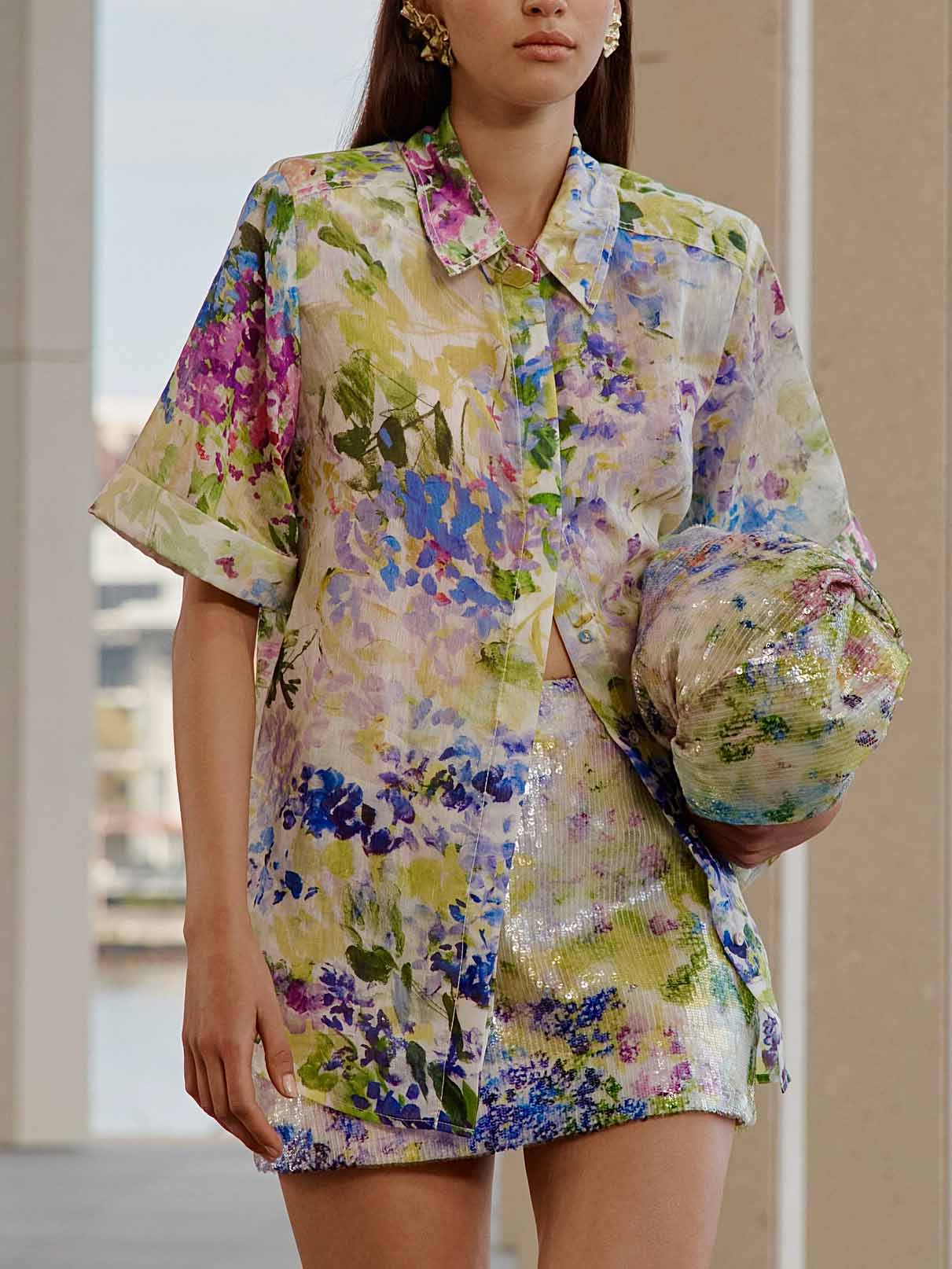 Elegante Bloemenprint Pailletten Top & Rok Twee-Stuk Set