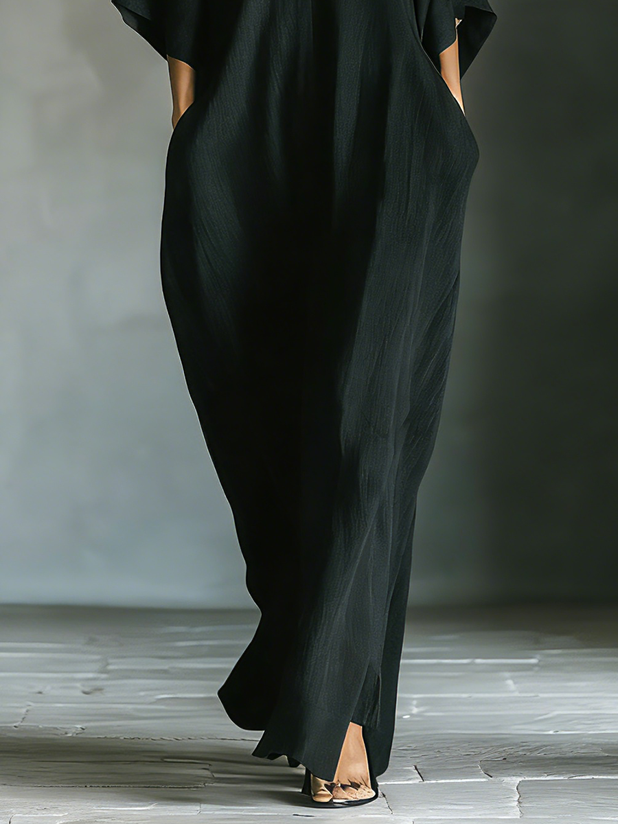 Costanza | Zwarte maxi-jurk met kimono-mouwen en V-hals