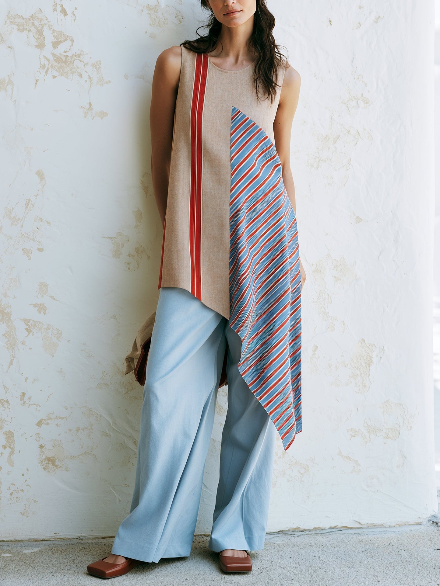 Asymmetrische Kleurblok Mouwloze Tuniek Top & Wijde Pantalon Set – Moderne Artistieke Twee-Piece Outfit