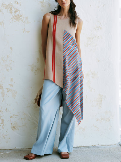 Asymmetrische Kleurblok Mouwloze Tuniek Top & Wijde Pantalon Set – Moderne Artistieke Twee-Piece Outfit