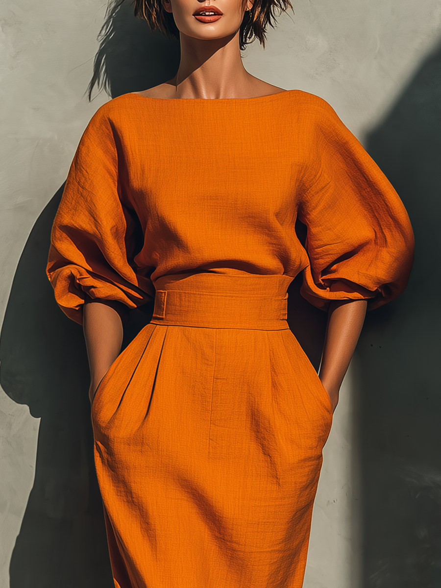 Dames Oranje Top met Middellange Mouwen en Midi Rok Set MDA2511G6T