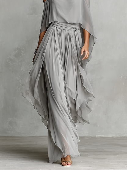 Dames Grijze Ademend Chiffon Set Met Cold-Shoulder Detail & Uitlopende Silhouet, Hedendaagse Luxe-Vrouwelijke Stijl Set MDZ2651B6I