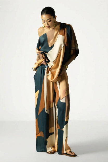 Geometrische Print Shirt En Brede Pantalon Set