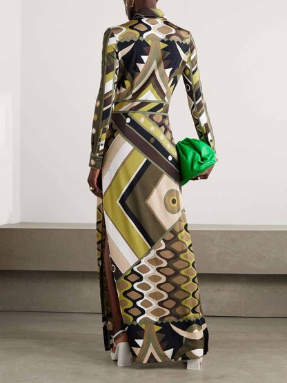 Retro Persoonlijkheid Abstracte Print Lange Mouwen Maxi Jurk