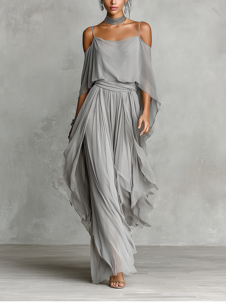 Dames Grijze Ademend Chiffon Set Met Cold-Shoulder Detail & Uitlopende Silhouet, Hedendaagse Luxe-Vrouwelijke Stijl Set MDZ2651B6I
