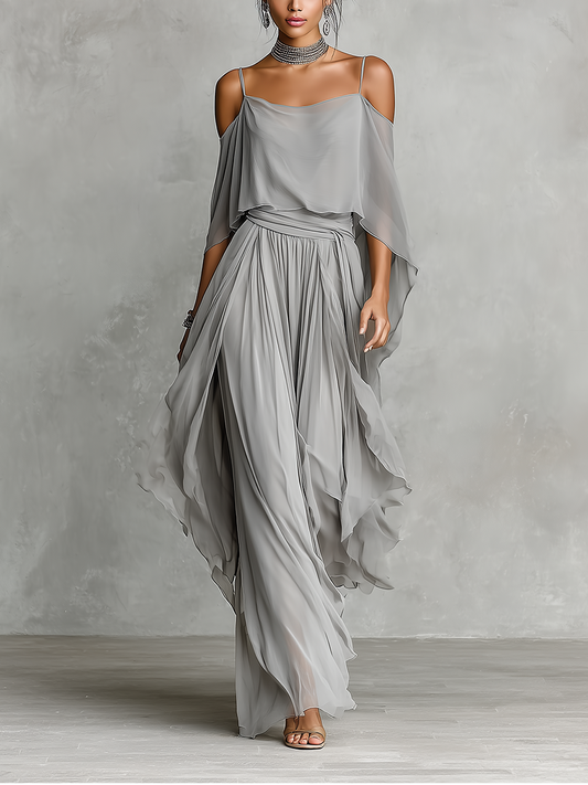 Dames Grijze Ademend Chiffon Set Met Cold-Shoulder Detail & Uitlopende Silhouet, Hedendaagse Luxe-Vrouwelijke Stijl Set MDZ2651B6I