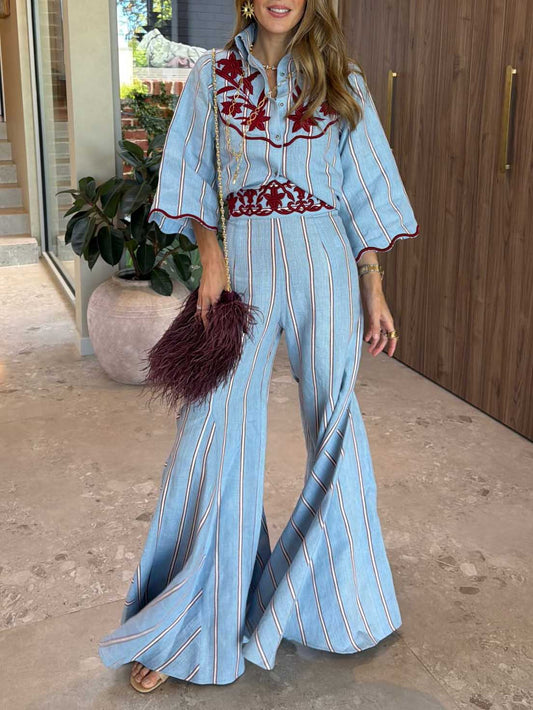 Bohemian Blauwe Gestreepte Flared Broek Twee-Delige Set