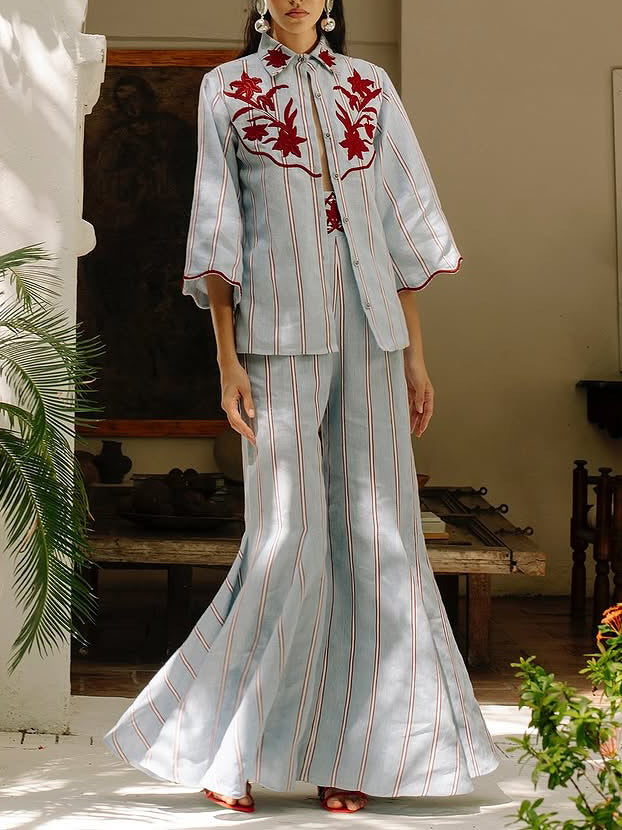 Bohemian Blauwe Gestreepte Flared Broek Twee-Delige Set