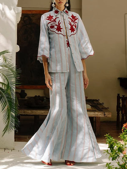 Bohemian Blauwe Gestreepte Flared Broek Twee-Delige Set