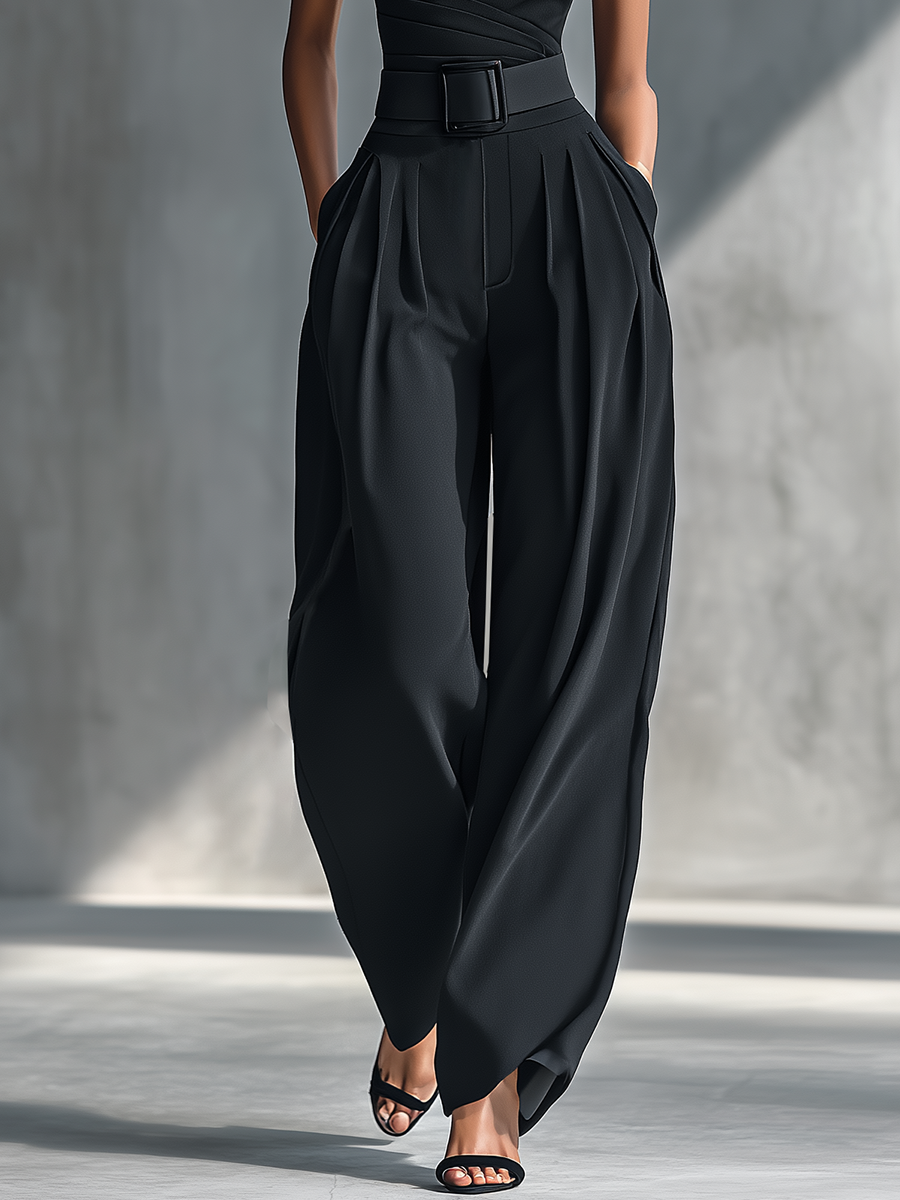 Dames Zwarte Hoog-elastische Gebreide Top en Acetaat Wijde Broek MDZ1068B3T