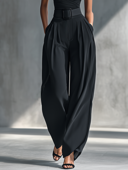 Dames Zwarte Hoog-elastische Gebreide Top en Acetaat Wijde Broek MDZ1068B3T