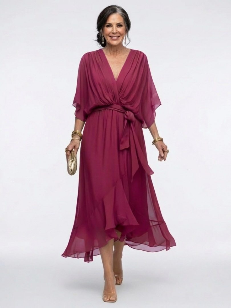 Elysia | Midi jurk met draping, V-hals en tailleband