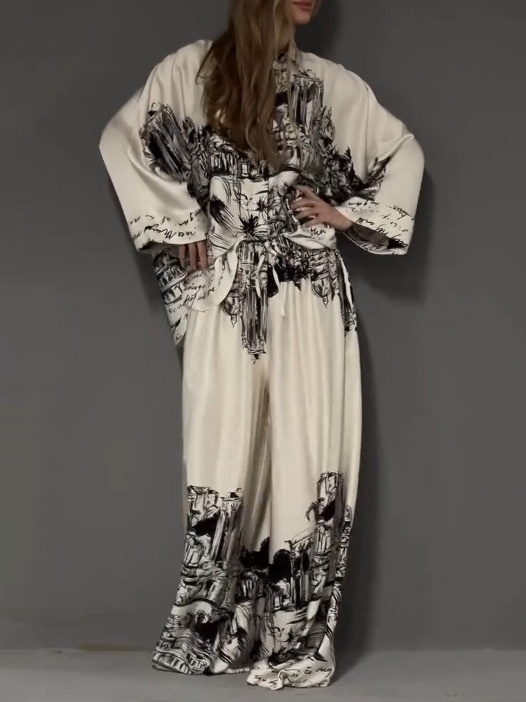 Architecturale Print Satijnen Shirt En Broek Twee-Delige Set