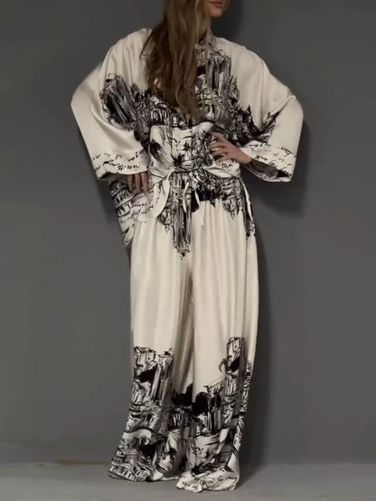 Architecturale Print Satijnen Shirt En Broek Twee-Delige Set