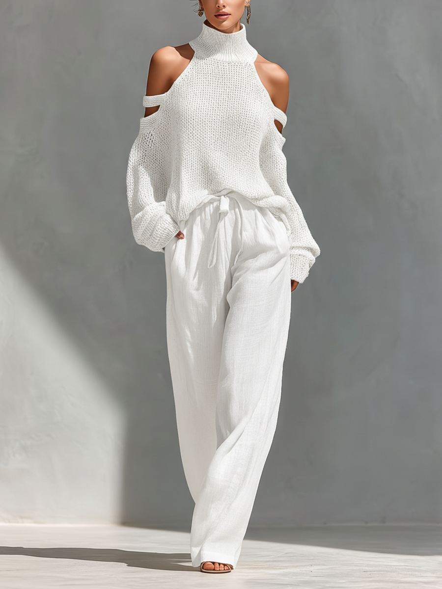 Dames Beige Gebreide Katoen Koud-Schouder Turtleneck Top & Brede Pantalon Set MDZ0984A5T