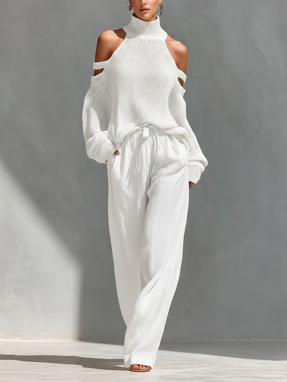 Dames Beige Gebreide Katoen Koud-Schouder Turtleneck Top & Brede Pantalon Set MDZ0984A5T