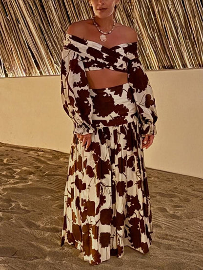 Geprinte Off-shoulder Top En Rok Set