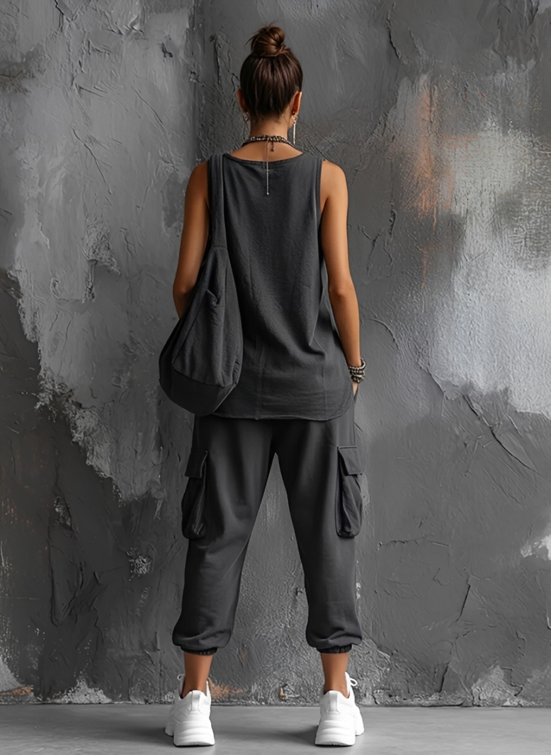 Dames Casual Stijl Donkergrijze Katoenmix Mouwloze Top + Jogger Cargo Broek Set MDZ2365D7GMJ