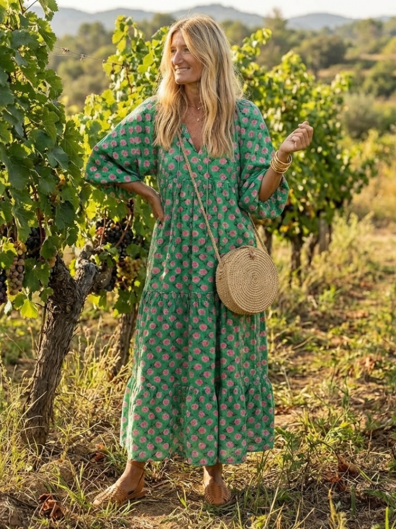 Fiora | Bloemenprint V-hals Lagen Midi Jurk