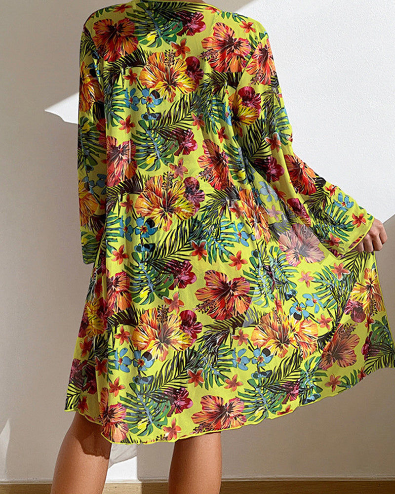 Tropische 3-delige bikiniset met kimono