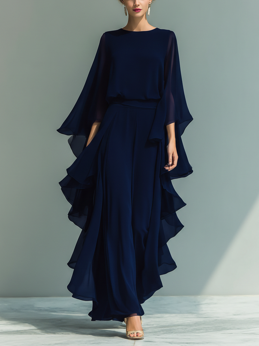 Dames Navy Blauwe Chiffon Top met Uitlopende Mouwen en Rechte Broek Set met Rimpeldetails MDZ2218A5T