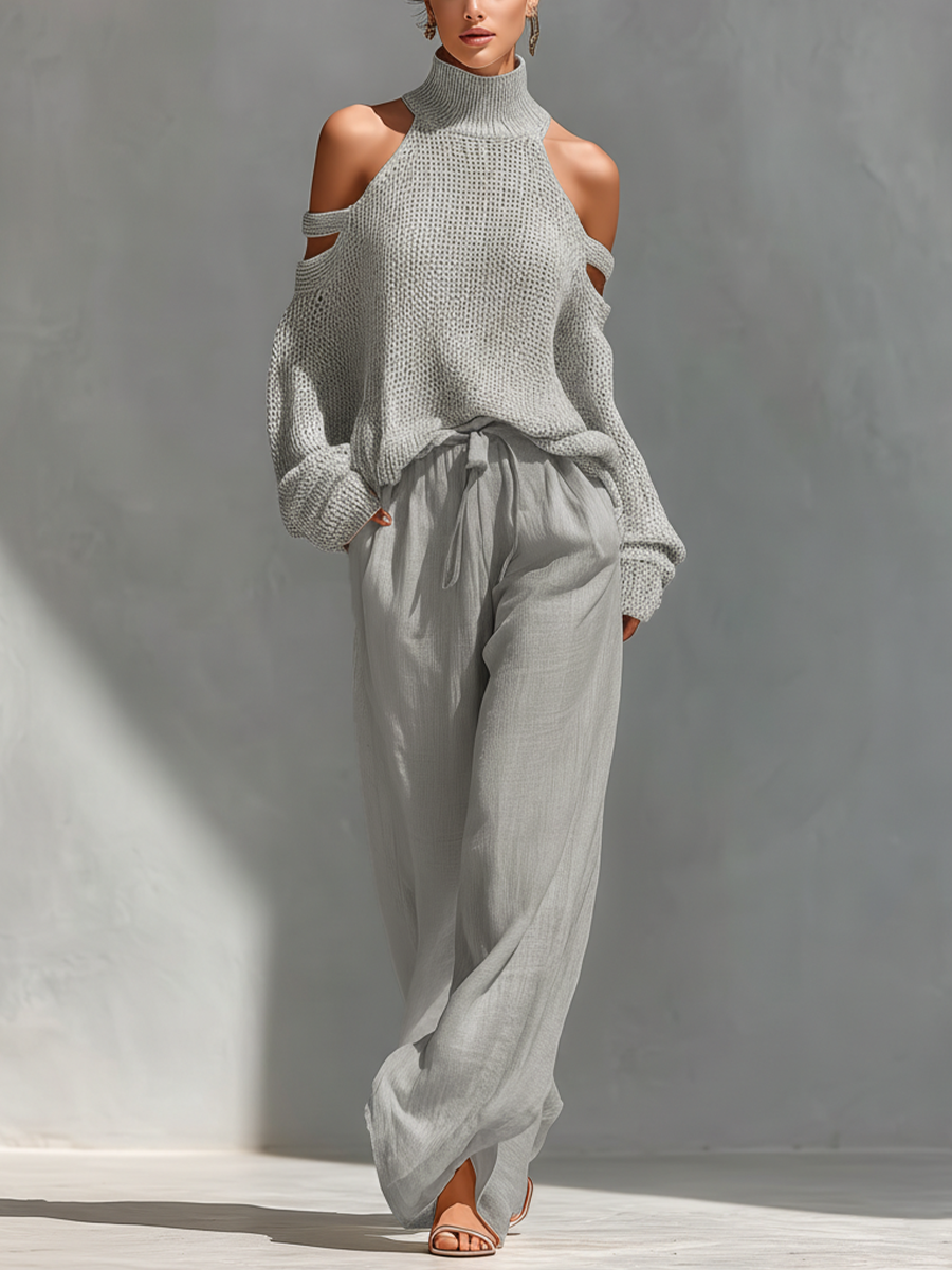 Dames Beige Gebreide Katoen Koud-Schouder Turtleneck Top & Brede Pantalon Set MDZ0984A5T