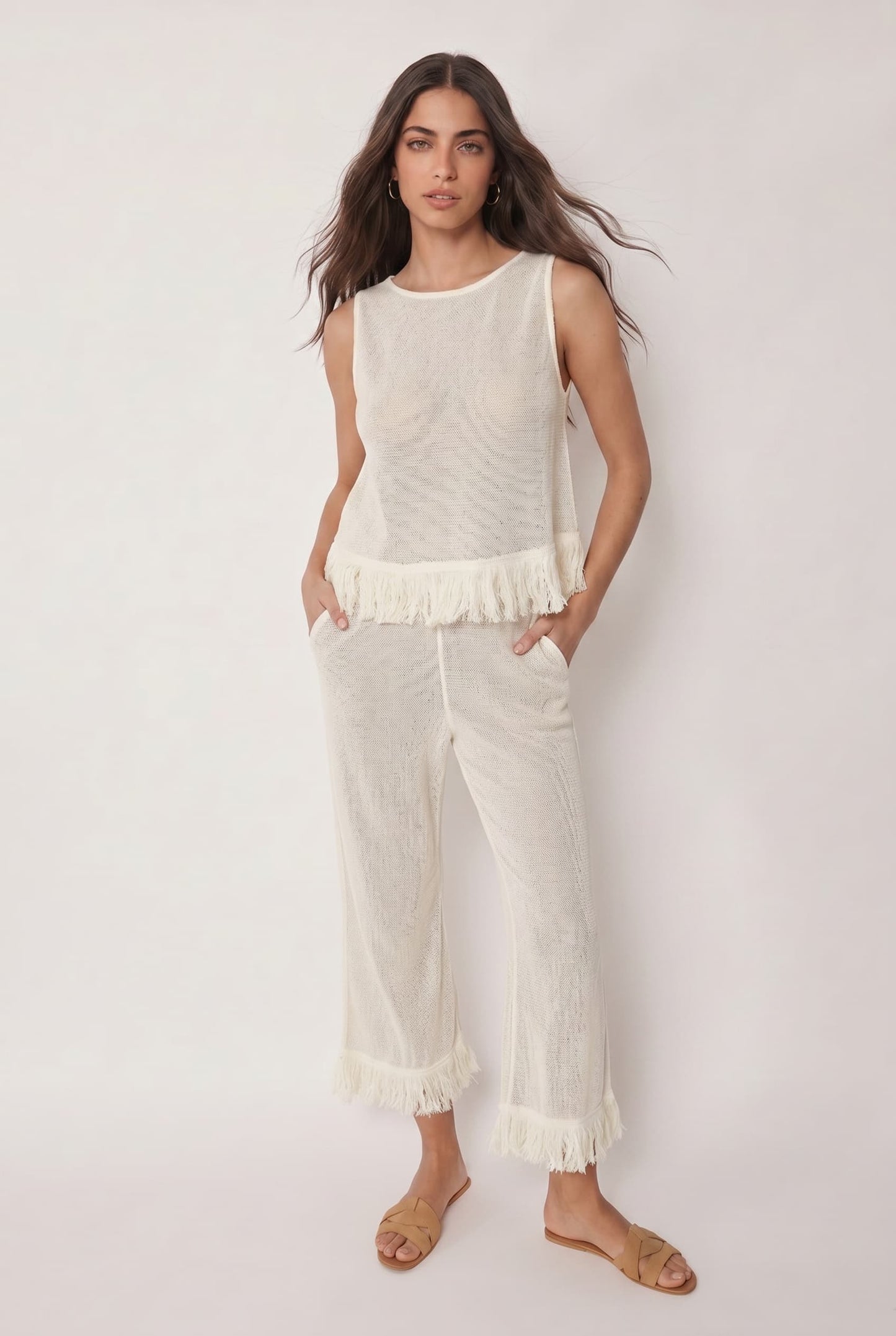 Mesh Tassel Top en Wijde Broek Set
