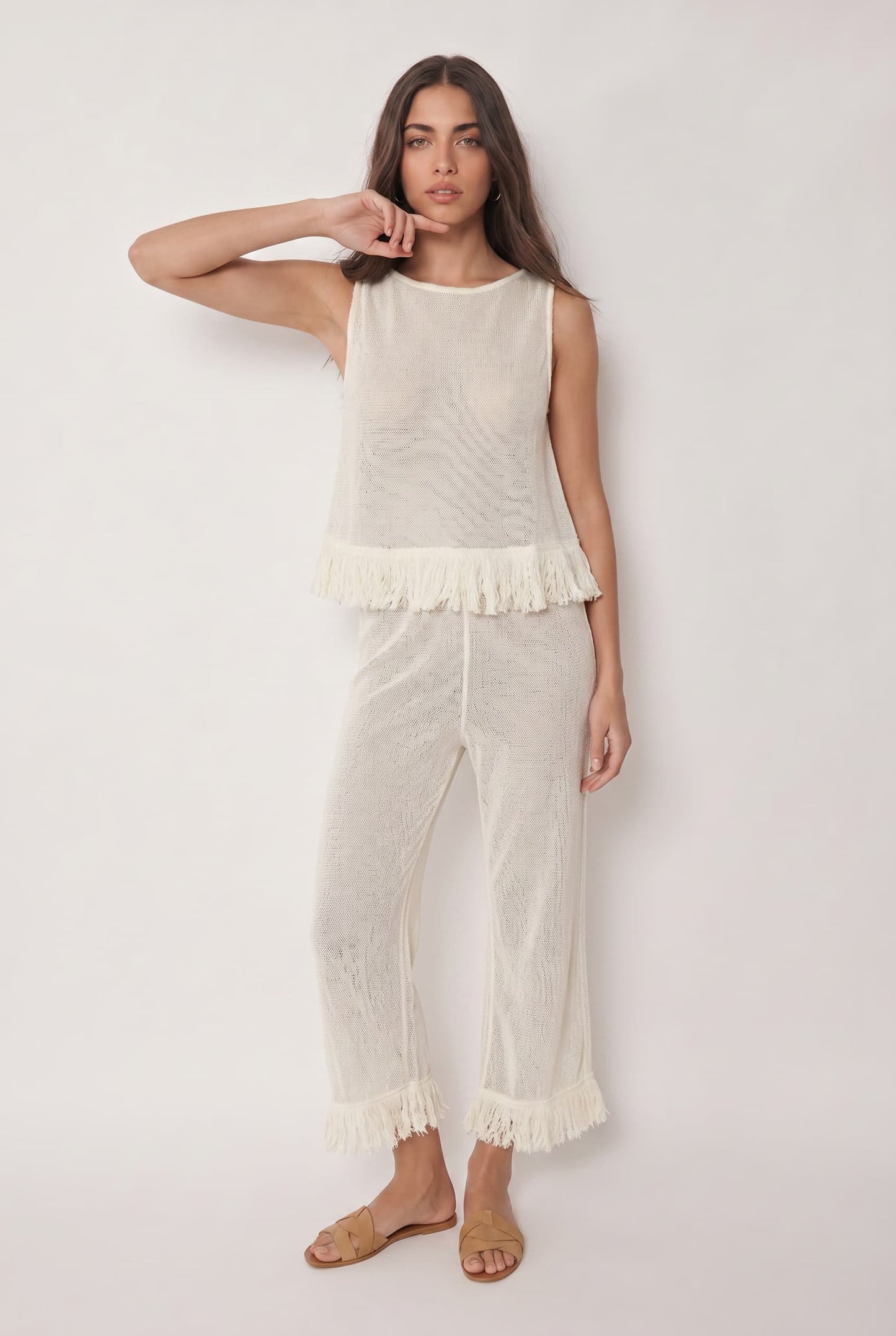 Mesh Tassel Top en Wijde Broek Set