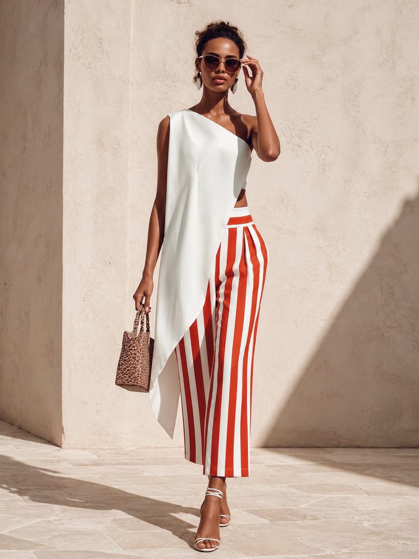 Zonsondergang Strepen Asymmetrische One-Shoulder Twee-Delige Set | Moeiteloze Vakantie Glamour