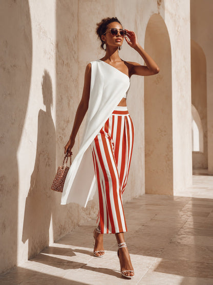 Zonsondergang Strepen Asymmetrische One-Shoulder Twee-Delige Set | Moeiteloze Vakantie Glamour