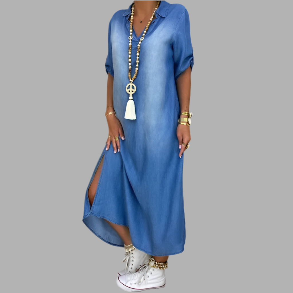 Andrea™ – Lange jurk in jeanslook met zijsplit